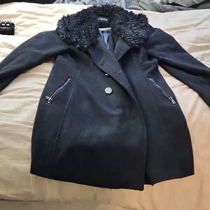 Guess Black Pea Coat with Faux Fur Collar
